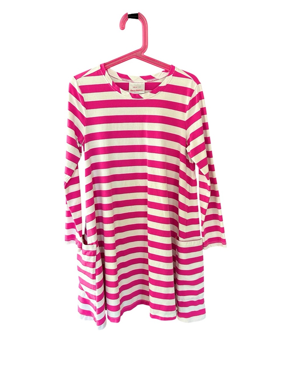 Hanna Andersson Pink White Stripe Long Sleeve Dress Lge Side Pockets Sz 130/8